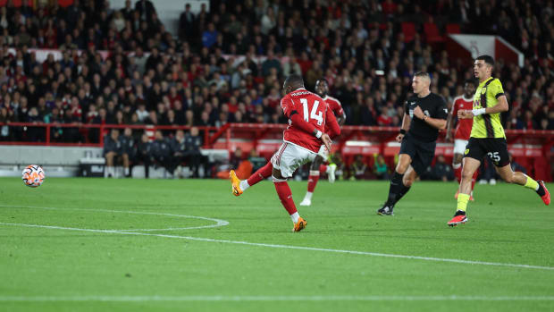 Callum Hudson-Odoi pictured shooting to score his first goal for Nottingham Forest on his debut against Burnley in September 2023